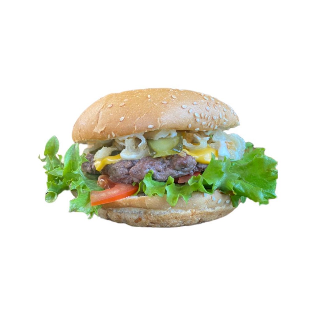 Burger з цибулею фрі та солоним огірком