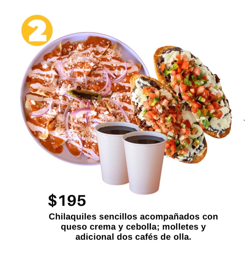 Combo 2 para compartir  (Chilaquiles sencillos + Molletes Chilaqueros + 2 cafés) (llevar)