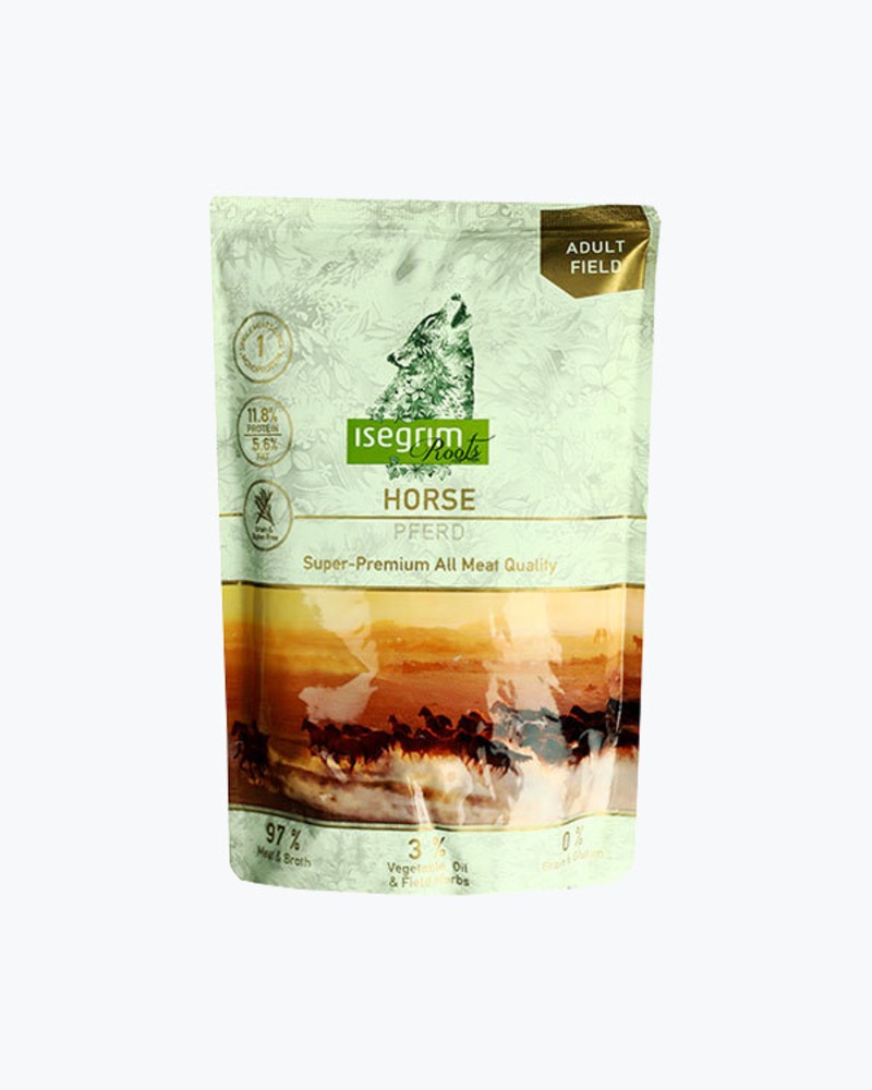 ISEGRIM Pouch Roots Horse Monoprotein 410g Конина овочами, лляним маслом та польовими травами