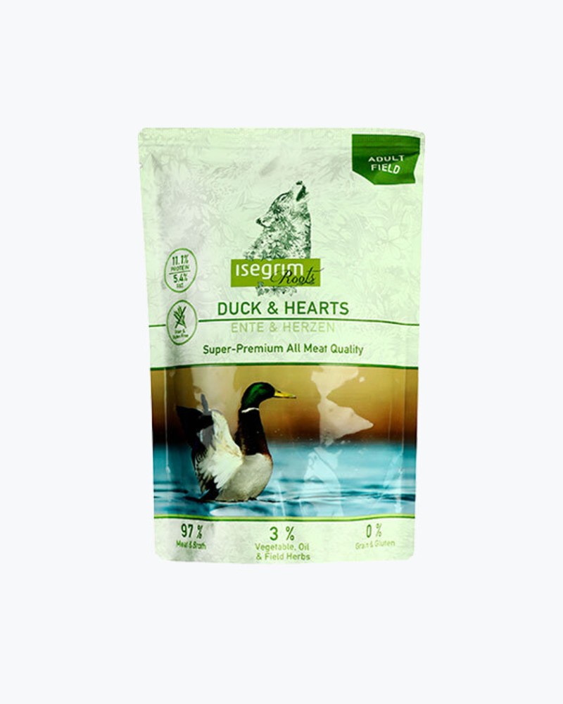 ISEGRIM Pouch Roots Duck & Hearts 410g Качка з сердечками, овочами, лляним маслом та польовими травами