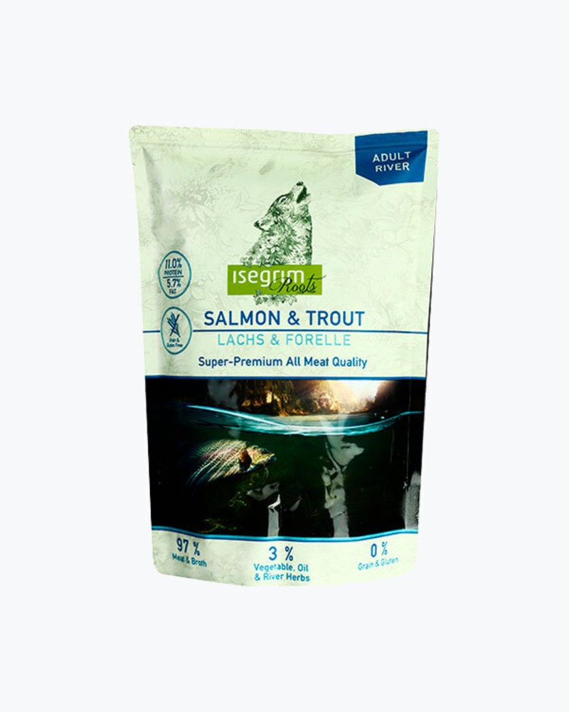 ISEGRIM Pouch Roots Salmon & Trout 410g Лосось та форель з топінамбуром, сафлоровим маслом та річними травами