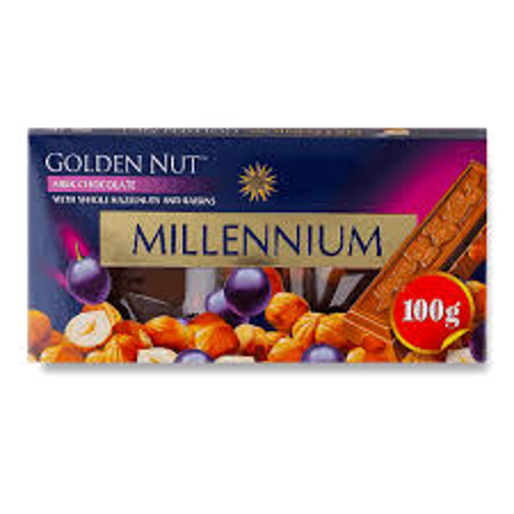 Шоколад Millennium Gold молочний з цілими лісовими горіхами та родзинками 100г