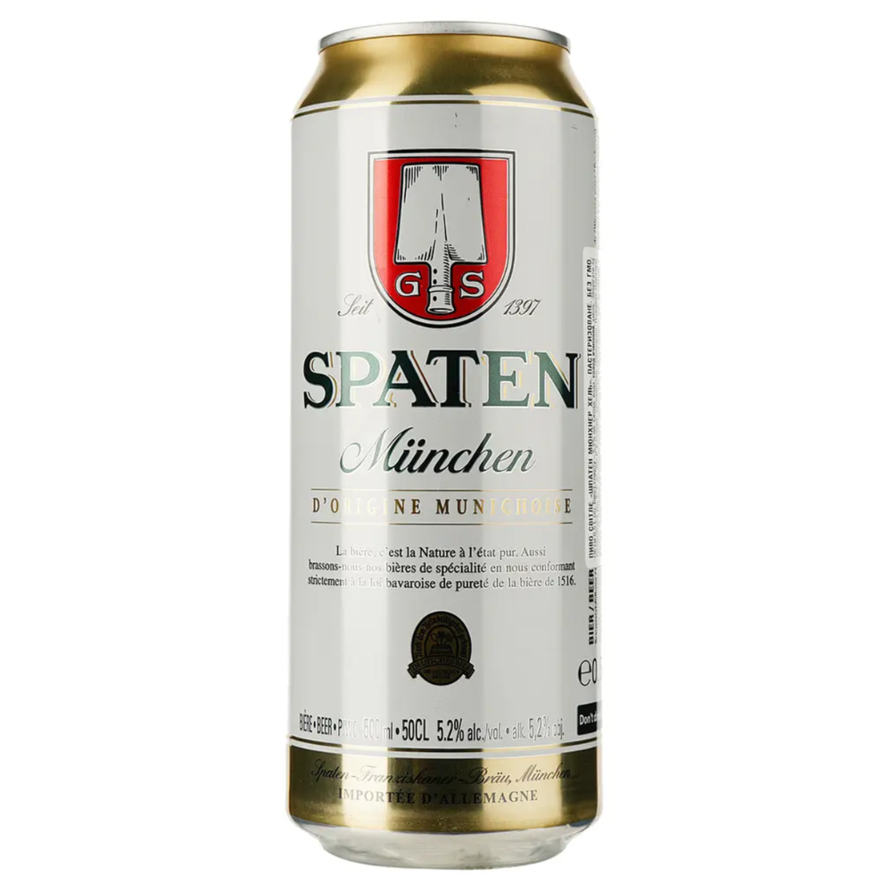 Пиво Spaten Münchner Hell, світле, фільтроване, 5,2%, з/б, 0,5 л