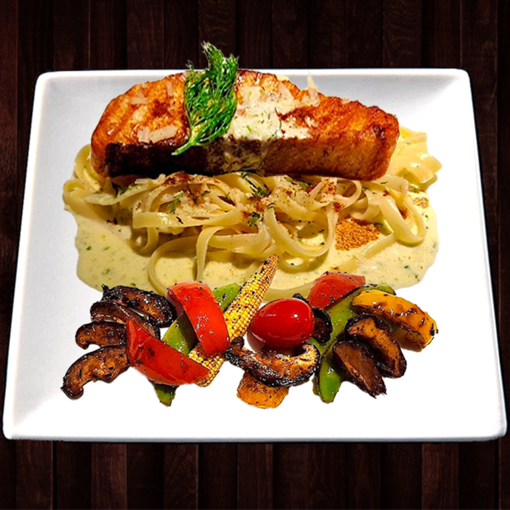Grilled Salmon on Pasta Fresca w/ Dill Cream Sauce