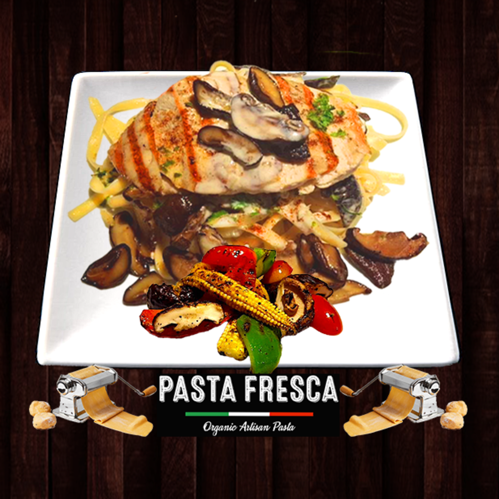 Grilled Chicken on Pasta w/ Truffle Shiitake Cream Sauce