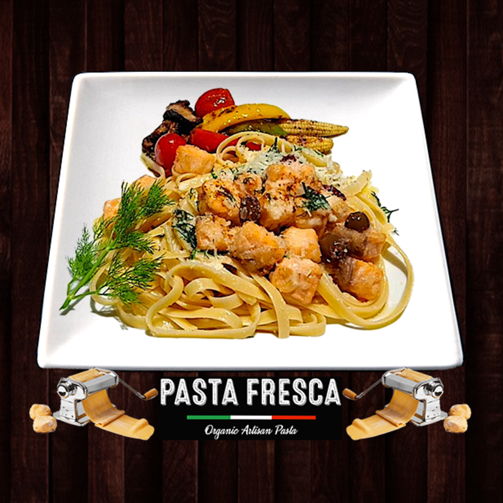 Grilled Salmon on Pasta Fresca w/ Dill Cream Sauce -