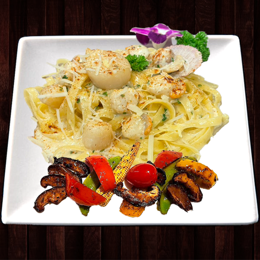 Grilled Sea Scallop  on Pasta Fresca w/ Lemon Cream Sauce