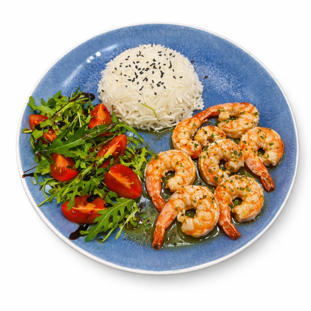 Креветки тигрові з салатом та гарніром /  Tiger shrimp with salad and garnish