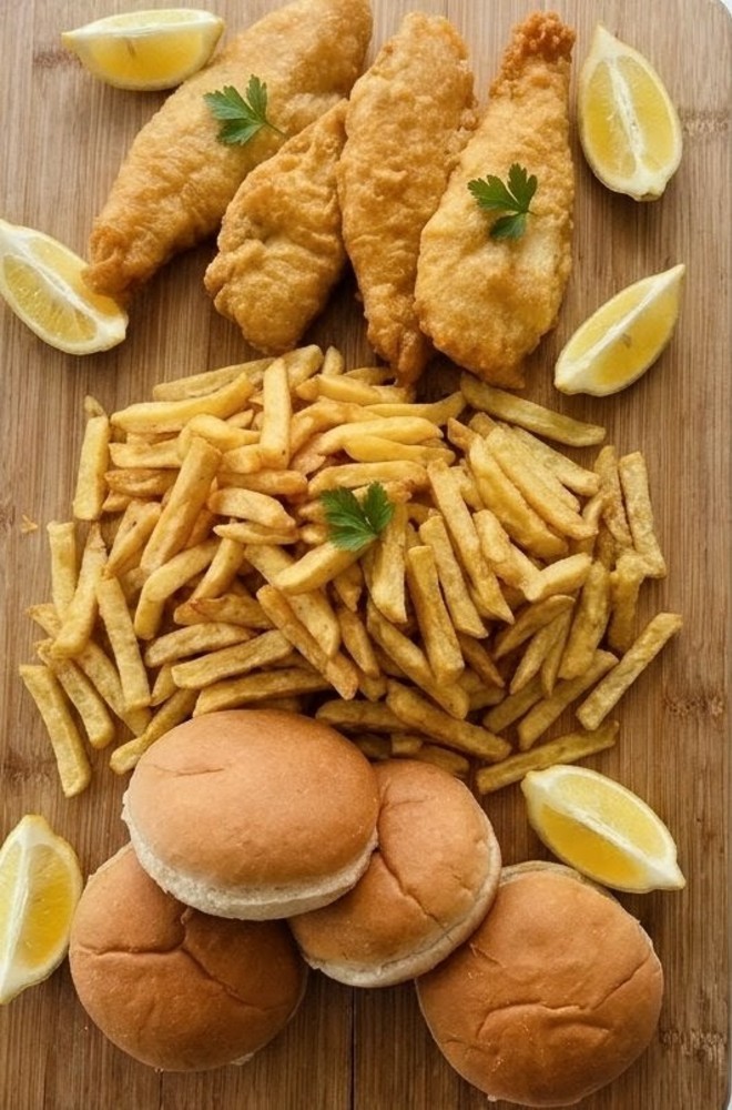 Fam 4 Basic: 4x200g Hake, Med Chips 550g + 1 side choice