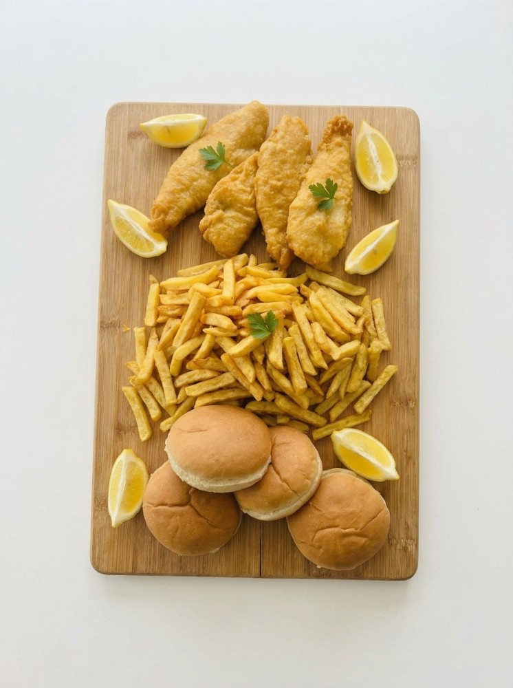 Fam 4 Basic: 4x200g Hake, Med Chips 550g + 1 side choice