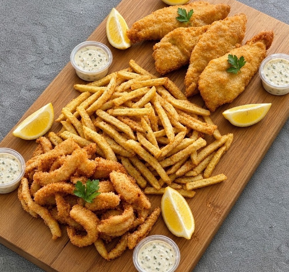 Fam 4 Extra: 4xFish 200g, 2xCalam 250g, Med Chips 550g + 1 side