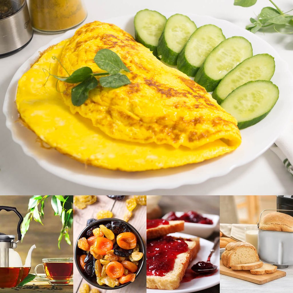 Breakfast 1: Omelette, homemade bread, tea, dried fruits- Завтрак 1: Омлет, домашний хлеб, чай, сухофрукты