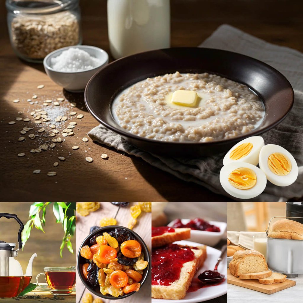 Breakfast 3: Oatmeal porridge, two boiled eggs, homemade bread, tea, dried fruits - Завтрак 2: Овсяная каша, два вареных яйца, домашний хлеб, чай, сухофрукты