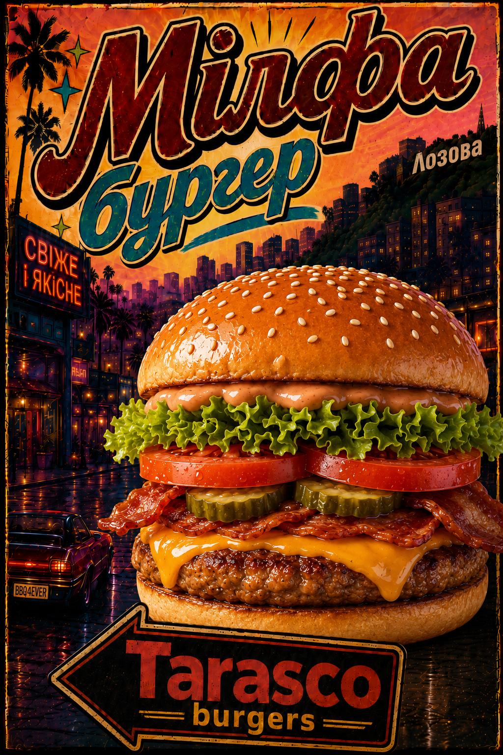 МІЛФА меню ( бургер Мілфа, картопля фрі середня, Кола або Фанта, Спрайт 0.5)