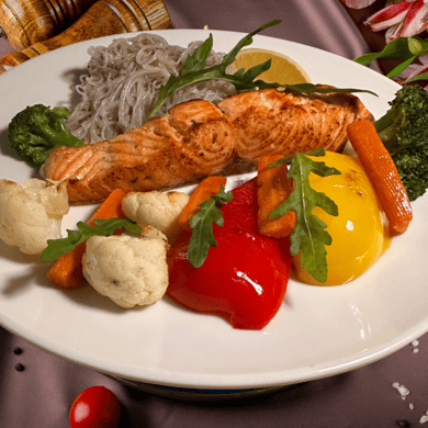 ЛОСОСЬ З ОВОЧАМИ ГРИЛЬ ТА РИСОВОЮ ЛОКШИНОЮ / SALMON WITH GRILLED VEGETABLES AND RICE NOODLES